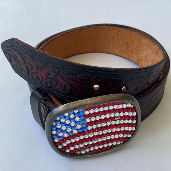 Leatherock Leather Crystal Rhinestone Belt American Flag Floral Embossed - Picture 1 of 2